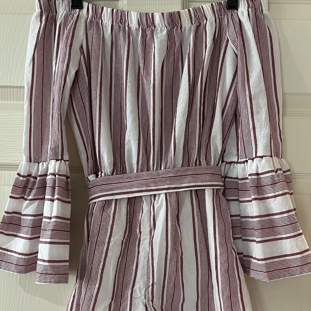 Woman’s white and burgundy striped off the shoulder romper size medium